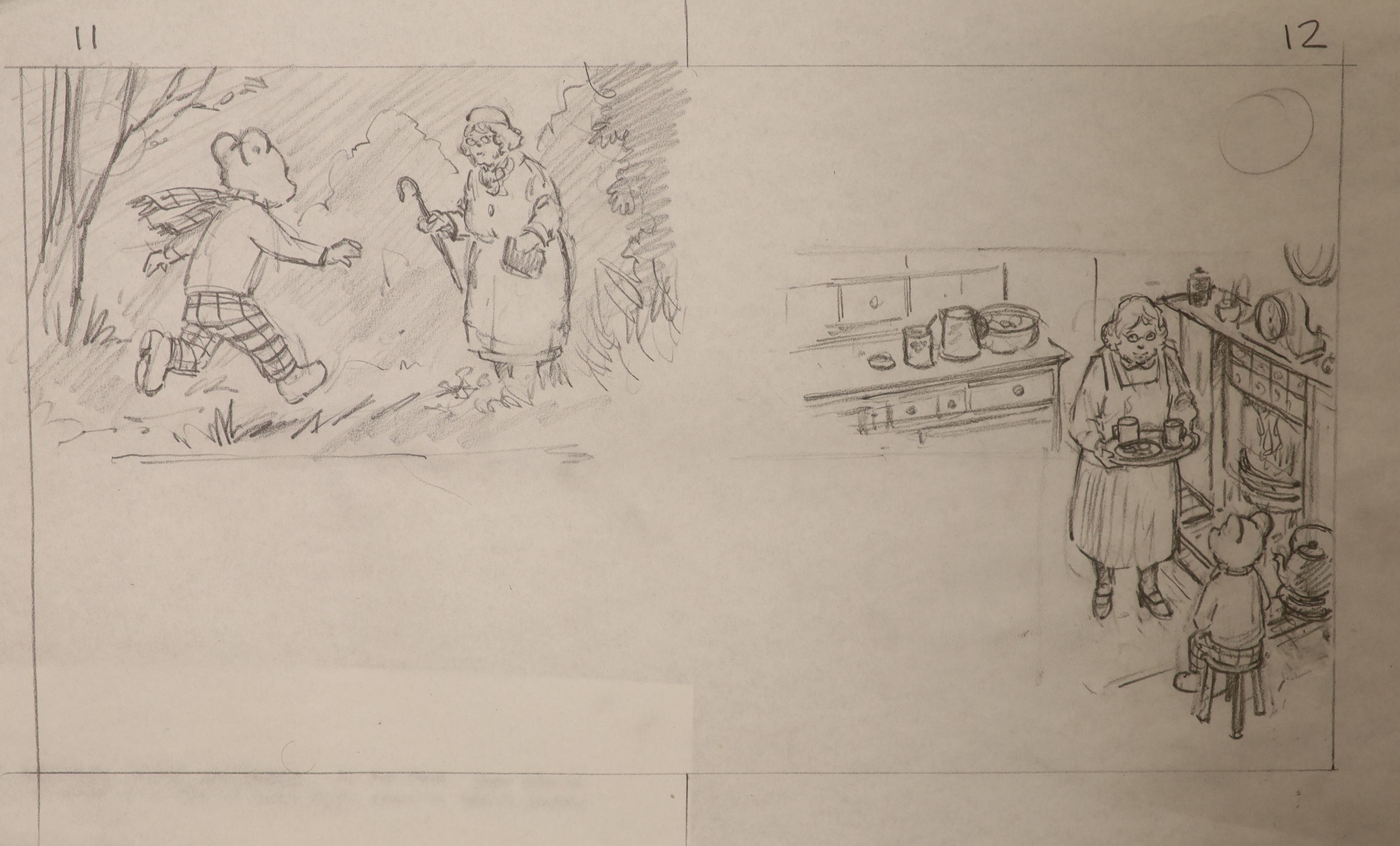 Jon Davies, three original pencil sketches for Rupert The Bear books, printed in 1986, overall 29 x 41cm, unframed